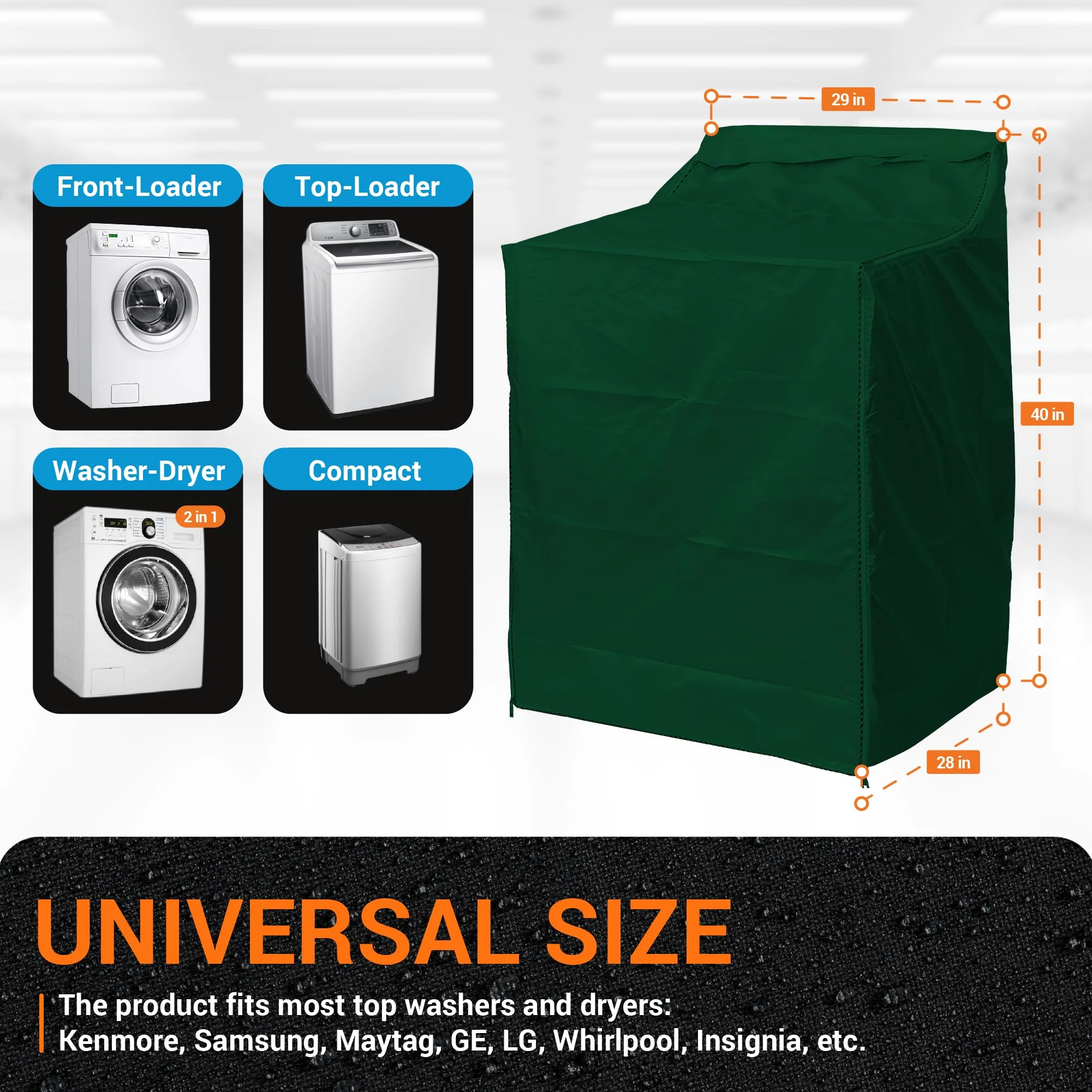 [Lifetime Warranty] Washing Machine Covers For Top-load - Premium Outdoor Protection For Most Washer Dryer Cover - W29”x D28”x H43” (Green) - Pack of 2 - Image 6